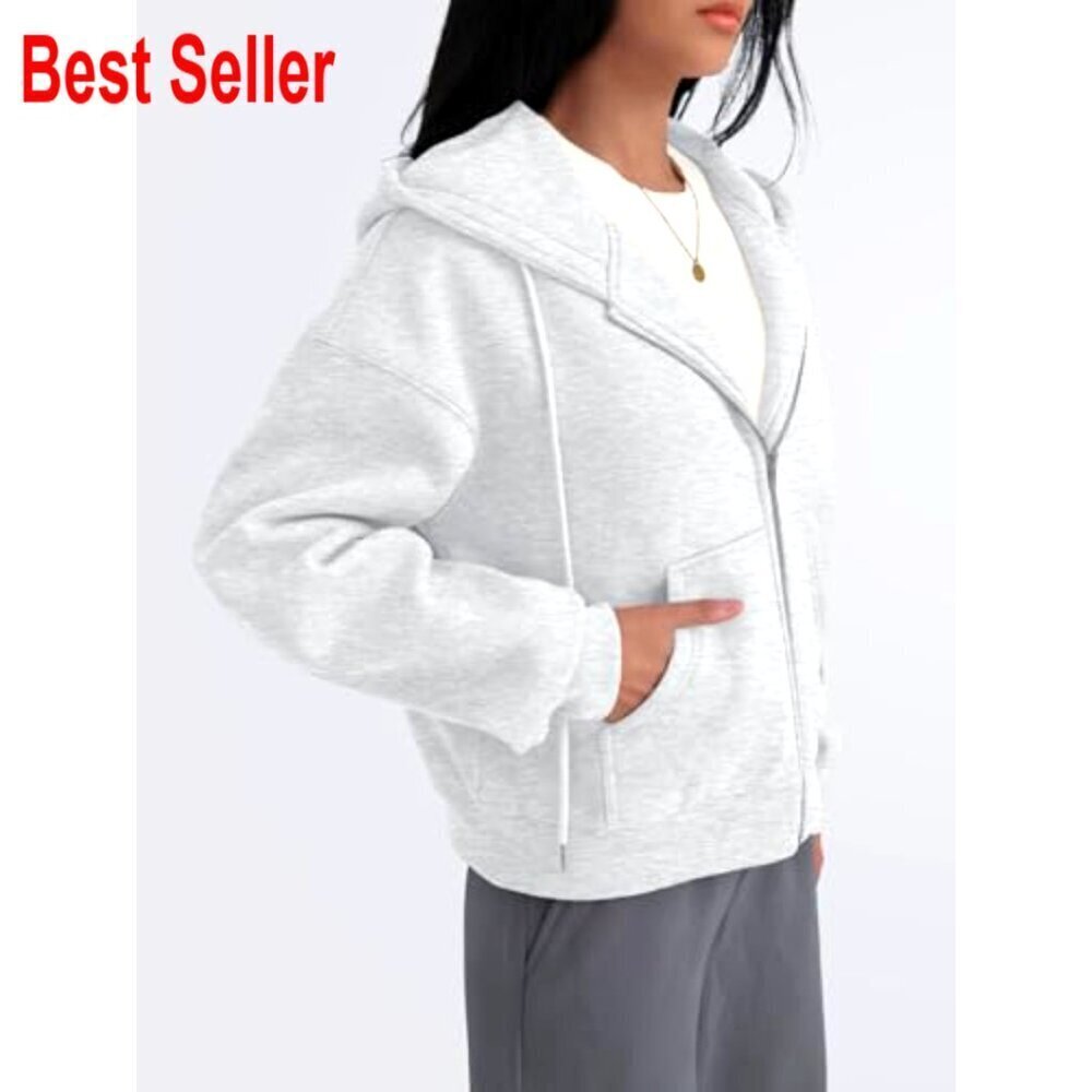 Cropped Zip Hoodie Women's Fleece Lined Lightweight Fall Winter Sweatshirt - Picture 3 of 5